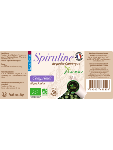 Etiquette Spiruline Bio Junior en comprimés 50g