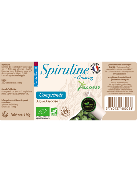 Etiquette Spiruline Bio + Ginseng Bio en comprimés  200 Comprimés